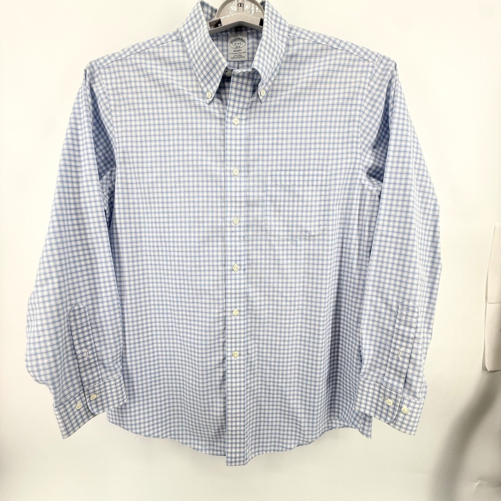Brooks Brothers Button Down Mens 16 4/5 Blue Regent Non-Iron Check Lightweight - Picture 2 of 7
